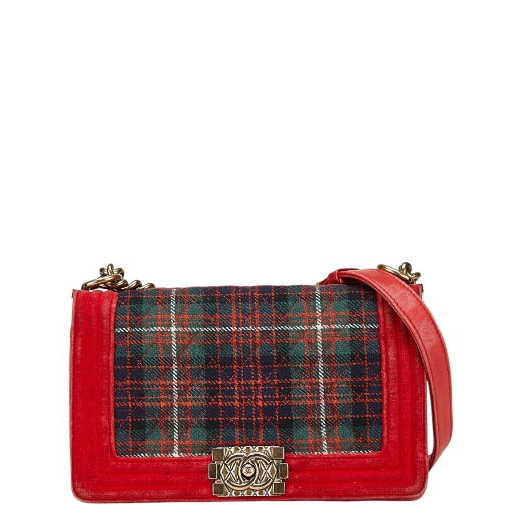 Chanel Matelasse Boy chain Shoulder Bag Red Multi Velour Leather
